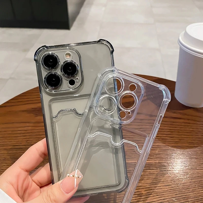 Transparent Card Slot Bag Holder Phone Case For iPhone 15 14 13 12 11 Pro Max X XS Clear Wallet Silicone Shockproof Back Cover thumbnail 4