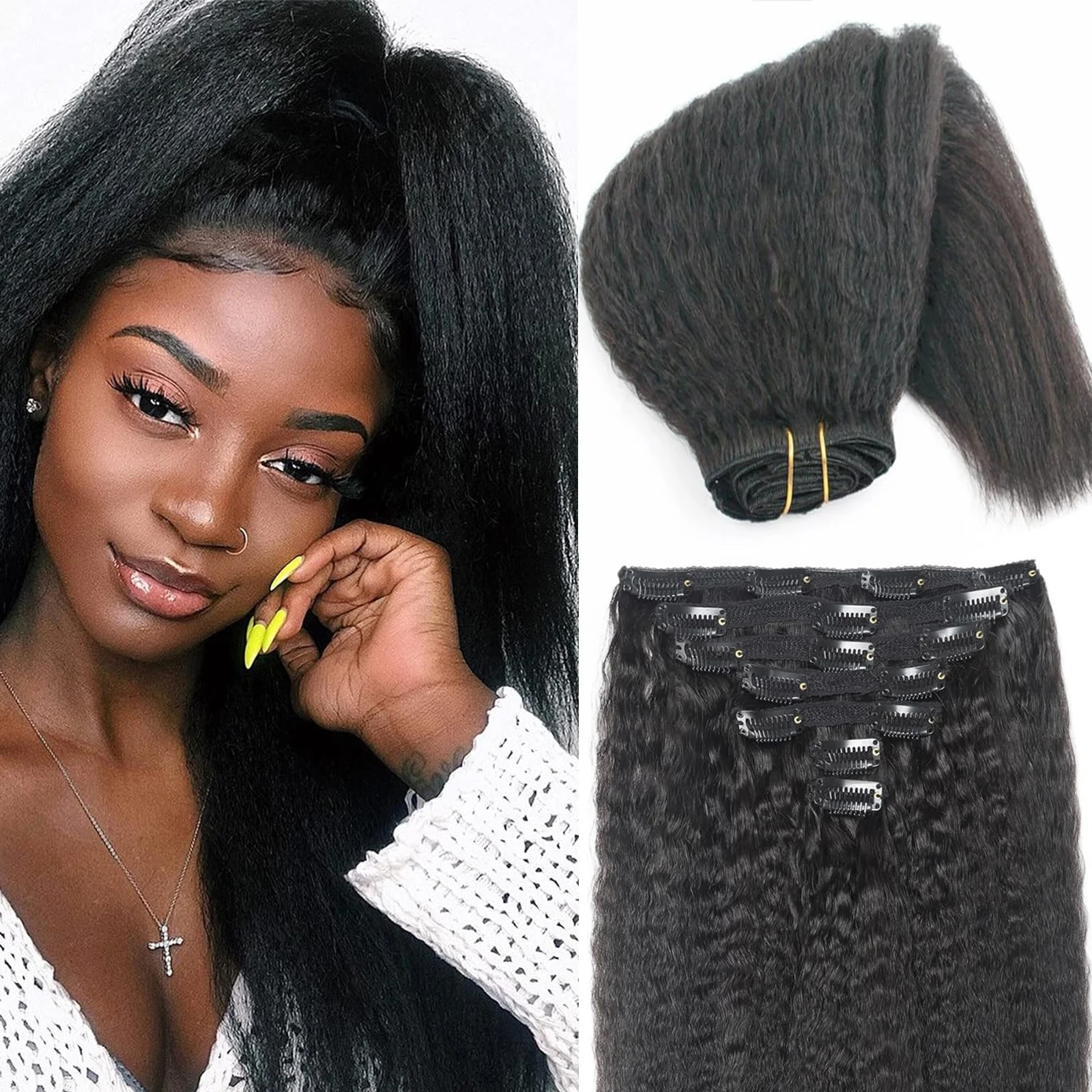 7PCS Kinky Straight Synthetic Clip ins Hair Extensions Full Head Yaki Straight Seamless Clip in Synthetic Hair Pieces for Women
