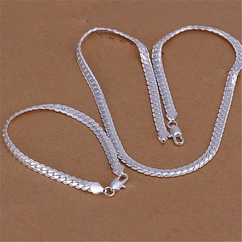 925 Sterling Silver Christmas Gifts European Style 6MM Flat Chain Necklace Bracelets Fashion for Man Women Jewelry Sets New thumbnail 2