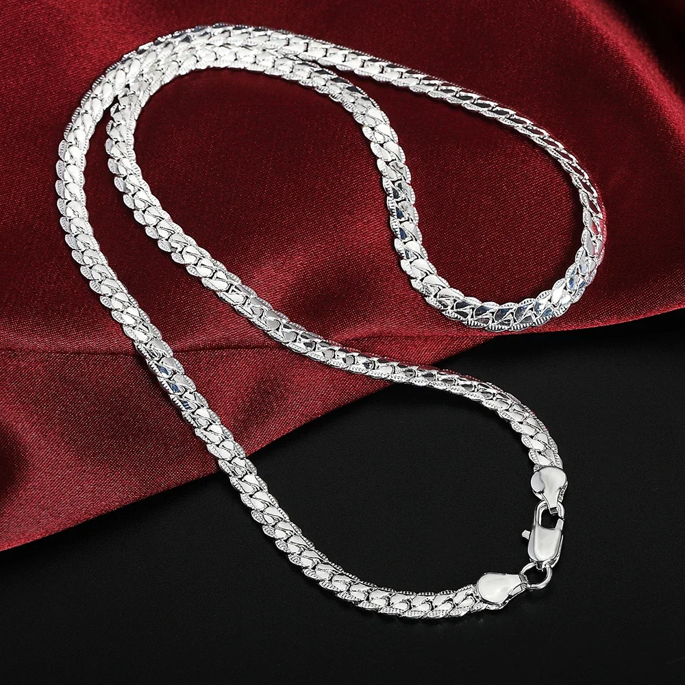 925 Sterling Silver Christmas Gifts European Style 6MM Flat Chain Necklace Bracelets Fashion for Man Women Jewelry Sets New thumbnail 4