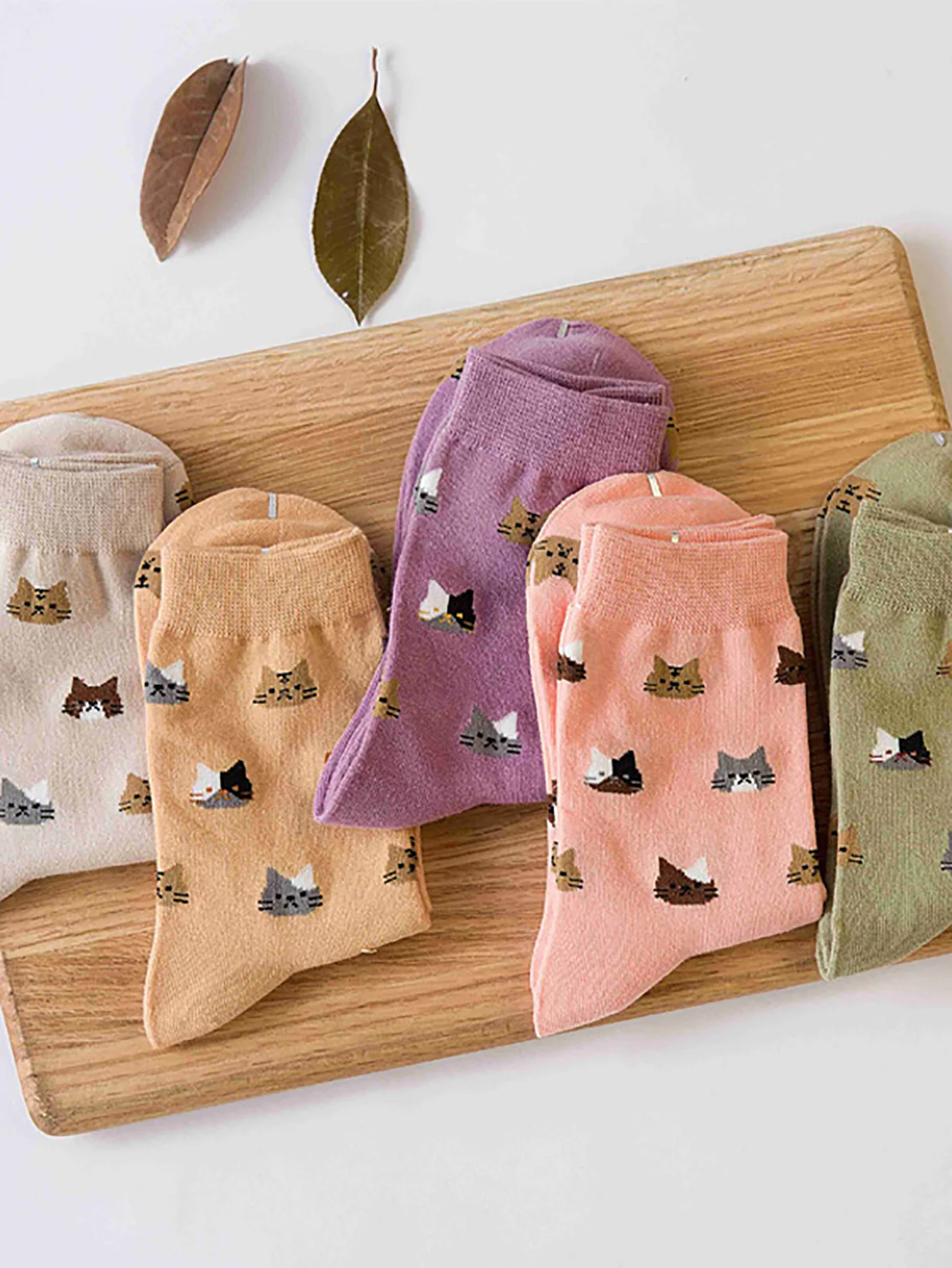 5 Pairs Cat Print Socks, Cute & Comfy All-match Mid Tube Socks, Women's Stockings & Hosiery thumbnail 2