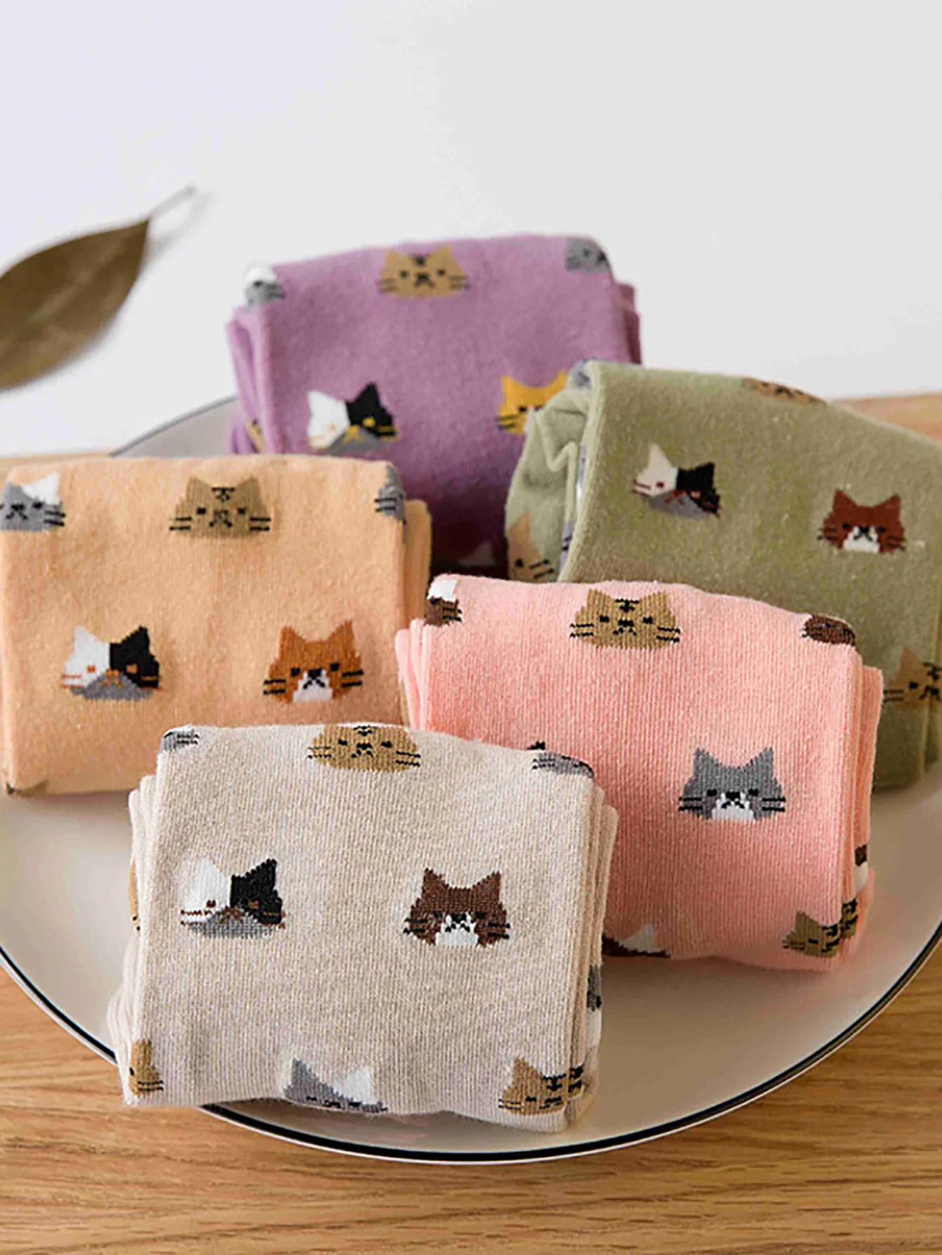 5 Pairs Cat Print Socks, Cute & Comfy All-match Mid Tube Socks, Women's Stockings & Hosiery thumbnail 5