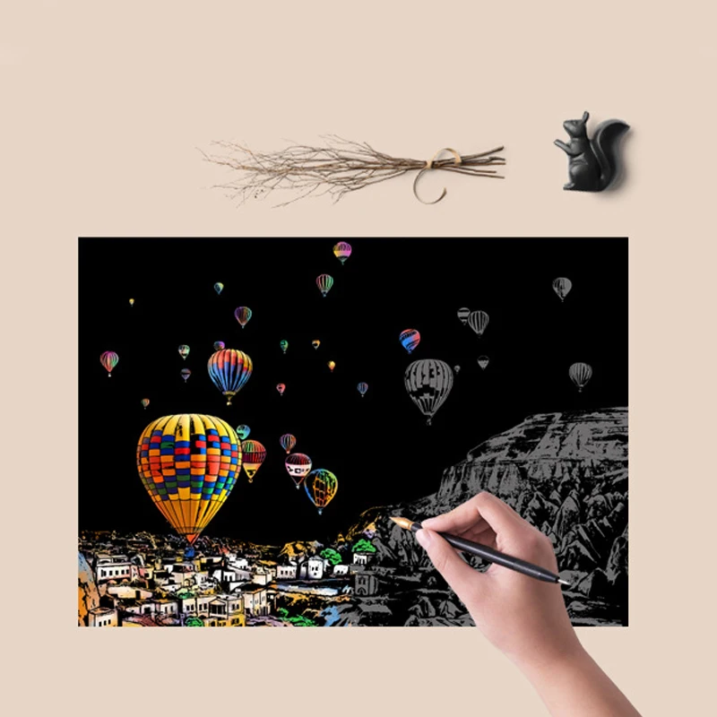 4PCS Scratch Art Paper World Landmarks Animals Painting Toy with Stylus Stress Relief Drawing Kids Adult Gift Glow in Dark Craft thumbnail 4