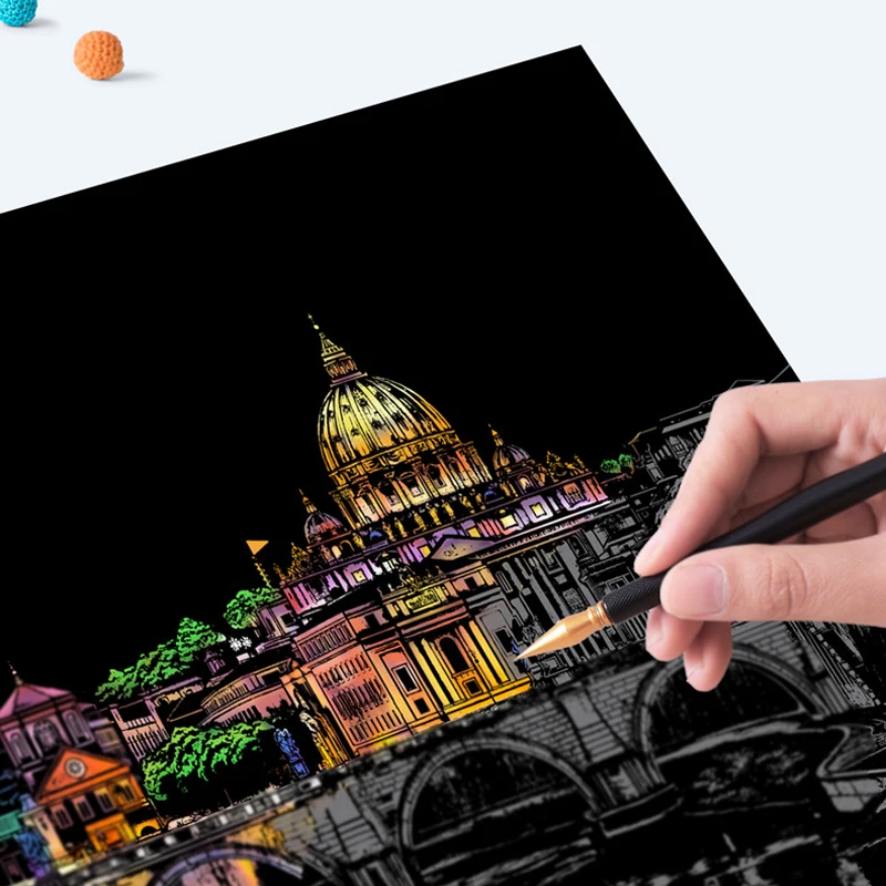 4PCS Scratch Art Paper World Landmarks Animals Painting Toy with Stylus Stress Relief Drawing Kids Adult Gift Glow in Dark Craft thumbnail 2