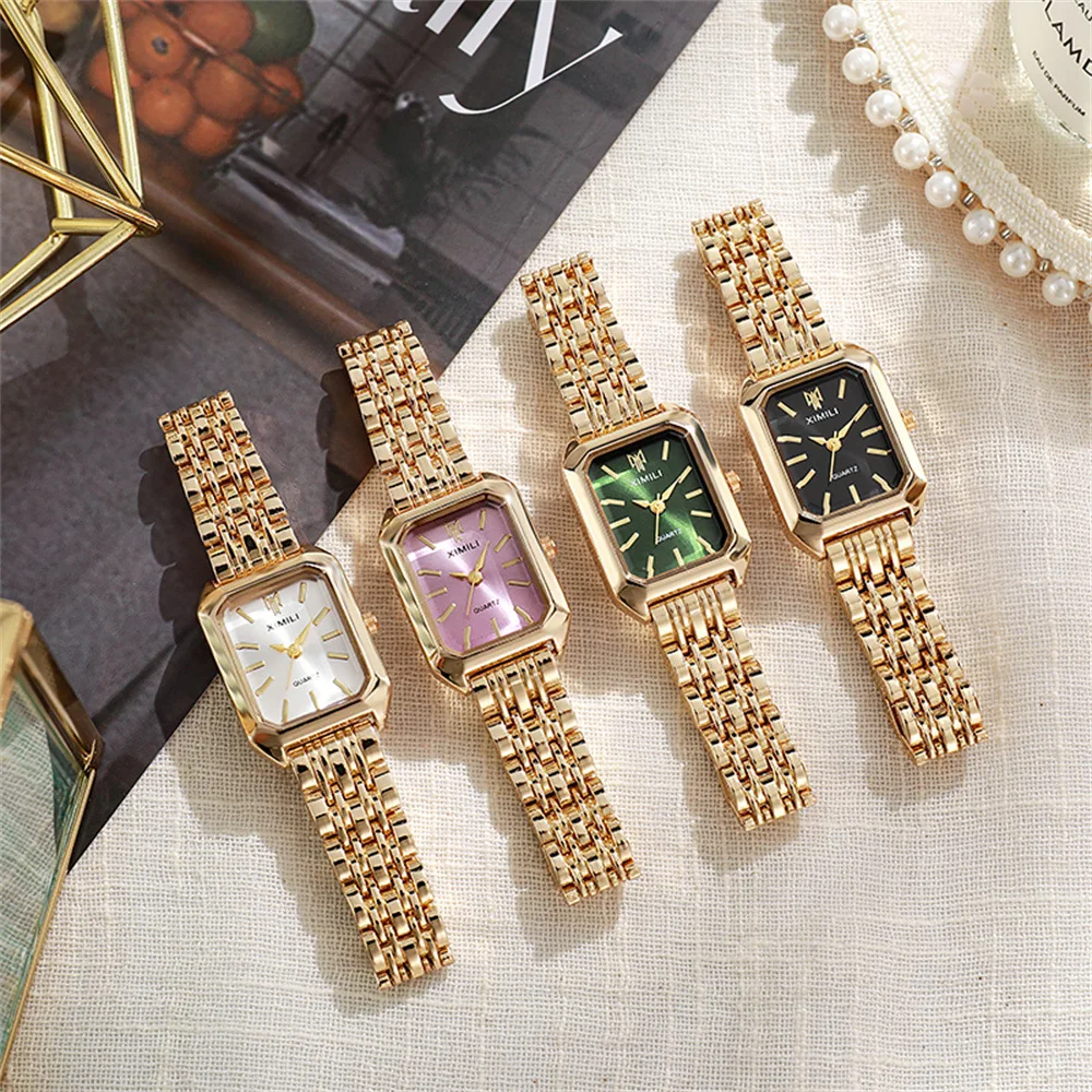 Women's Fashion Square Watches Gold Alloy Strap 2025 Luxury Ladies Quartz Wristwatches Qualities Female Roman Scale Clock thumbnail 5
