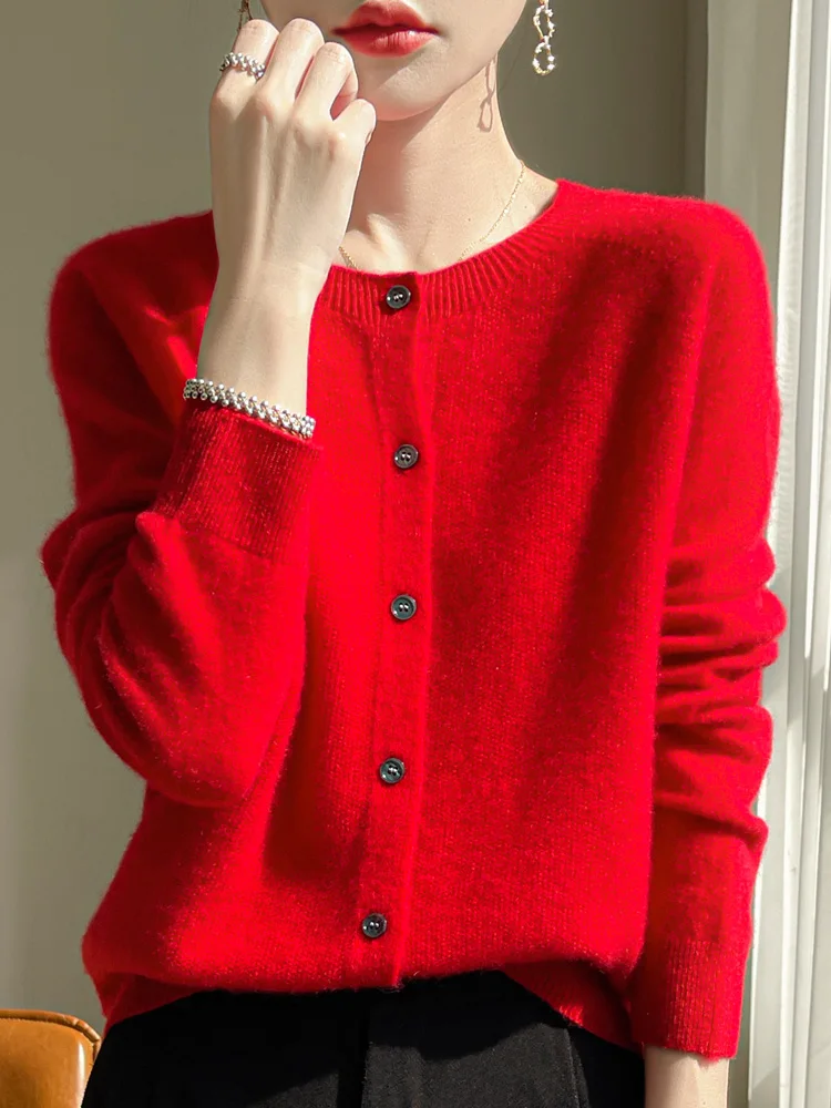 Women's Sweater Cardigans 100% Merino Wool Knitwear Raglan Sleeve Cashmere O-neck Solid Autumn Winter Casual Comfortable Tops thumbnail 2