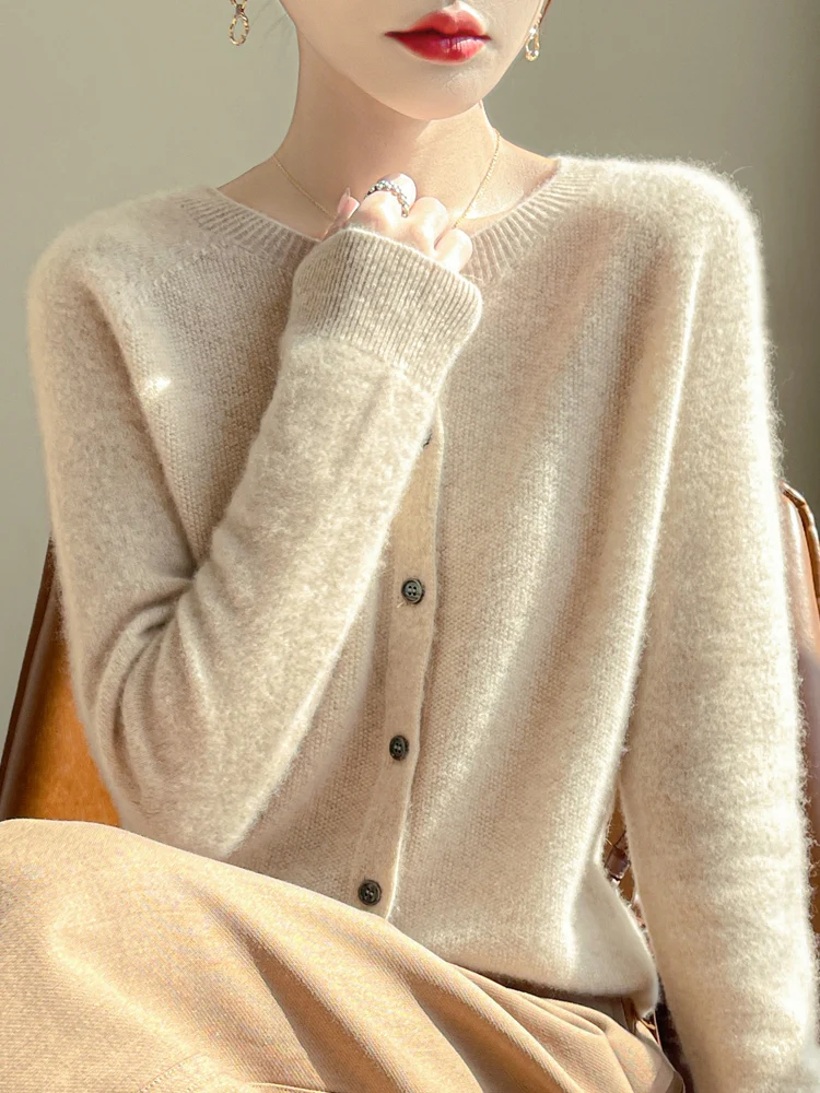 Women's Sweater Cardigans 100% Merino Wool Knitwear Raglan Sleeve Cashmere O-neck Solid Autumn Winter Casual Comfortable Tops thumbnail 3