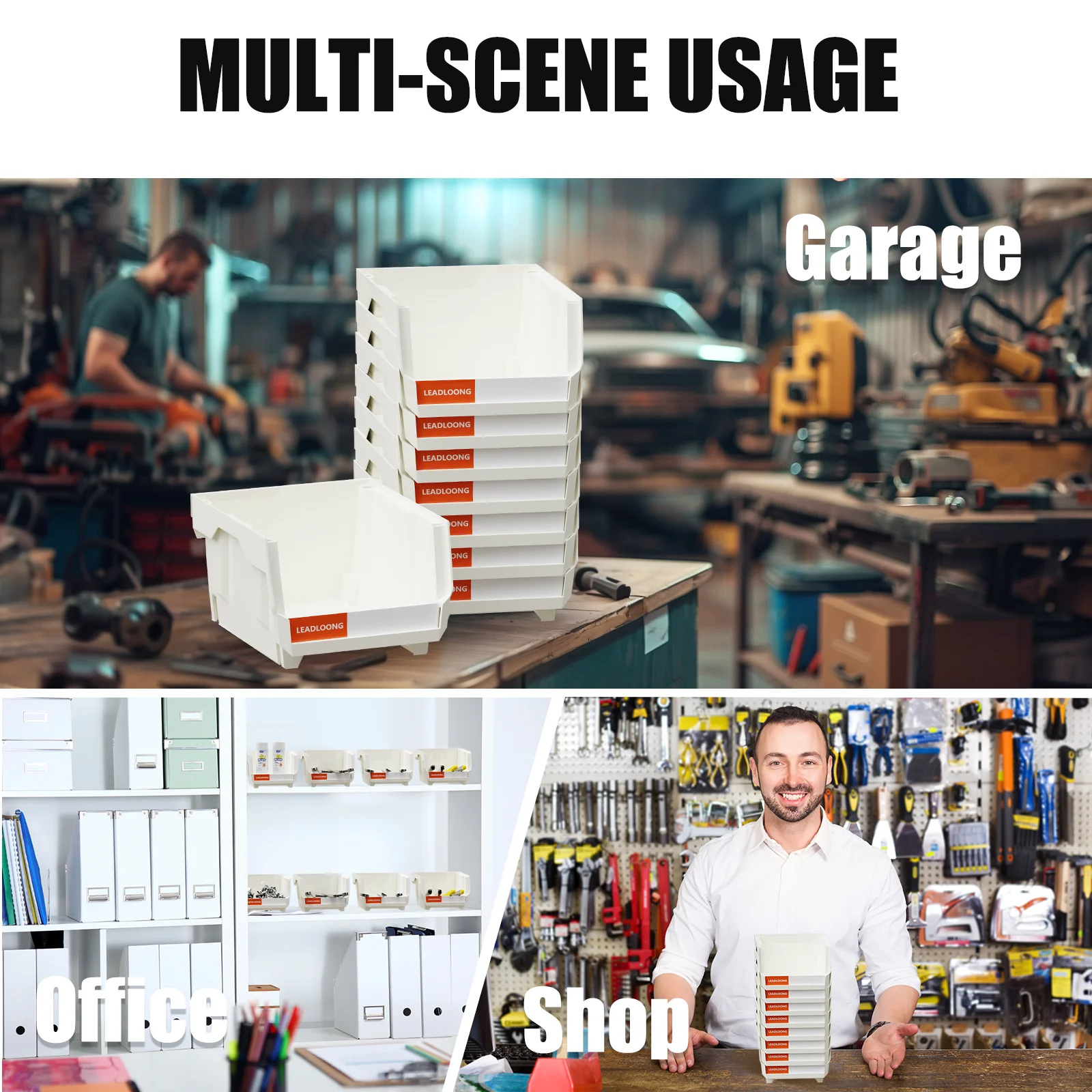 LEADLOONG White Parts Bin 6/24pcs 13.5x10.5x7.6cm/5x4*3inch Stackable Plastic Garage Tool Storage Box Container Organizer Bin thumbnail 6