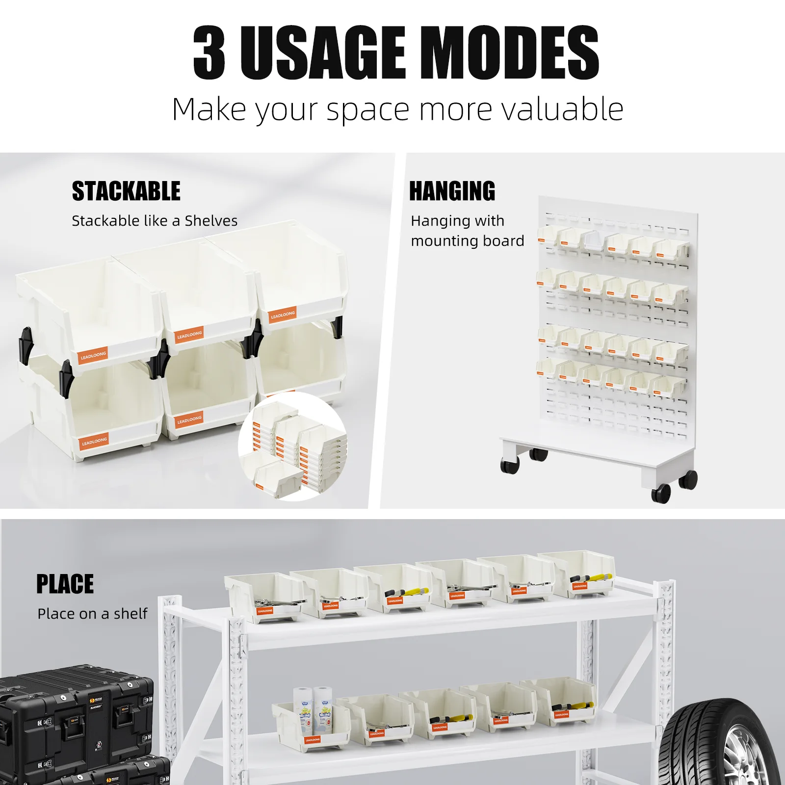 LEADLOONG White Parts Bin 6/24pcs 13.5x10.5x7.6cm/5x4*3inch Stackable Plastic Garage Tool Storage Box Container Organizer Bin thumbnail 3
