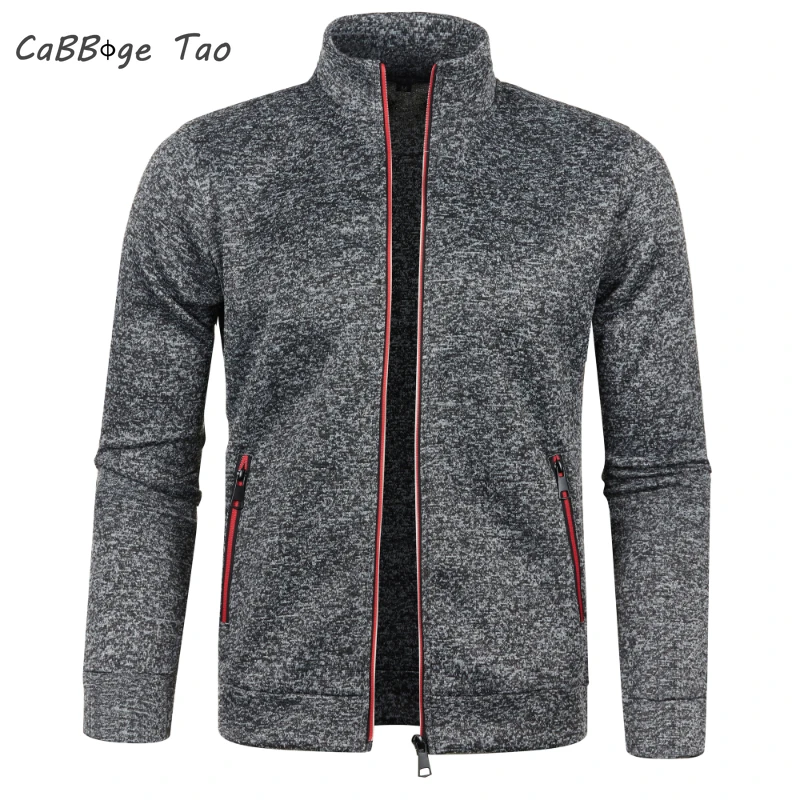 Autumn and Winter Men's New Long Zipper Color Block Sweater Sleeves Thin Plush Sweater Jacket Casual Slim Fit Comfortable Coat