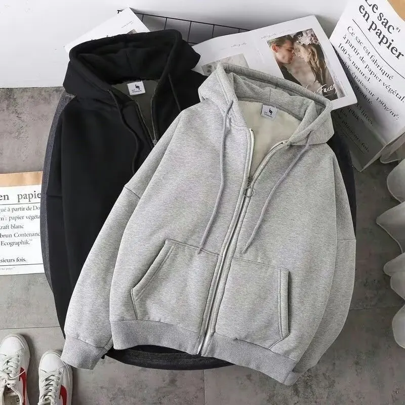 Men's Thickened Fleece Hoodie Jacket Autumn Winter Korean Style Loose Warm Student Trendy Top Couple's Style Long Sleeve Zipper thumbnail 3