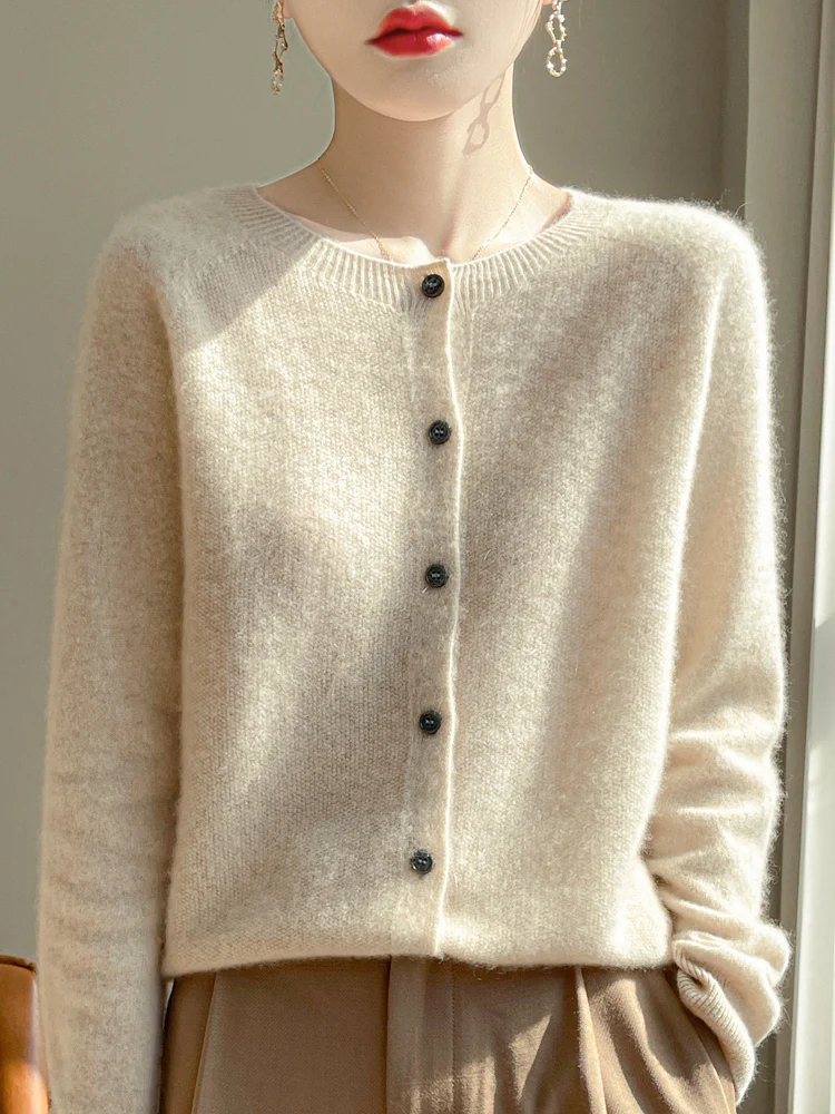 Women 100% Merino Wool Cardigan Soft O-Neck Cashmere Sweater OL Buttoned Knitwear Casual Top Clothing Korean Style thumbnail 2