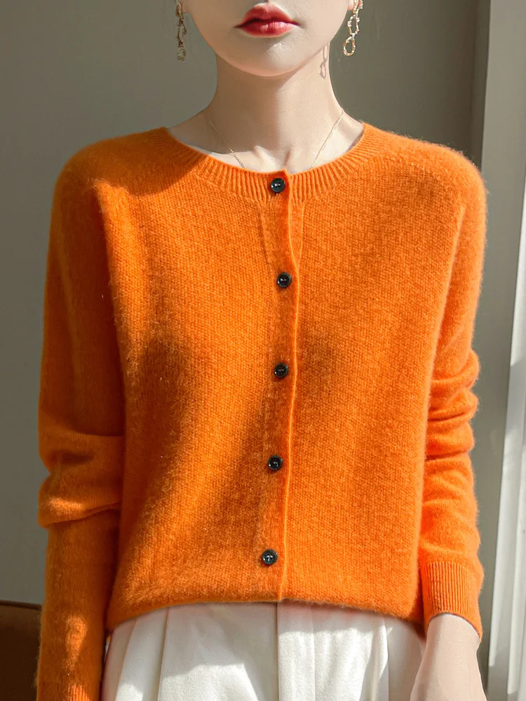 Women 100% Merino Wool Cardigan Soft O-Neck Cashmere Sweater OL Buttoned Knitwear Casual Top Clothing Korean Style thumbnail 6