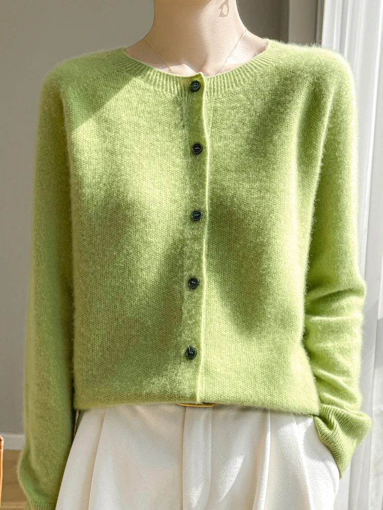 Women 100% Merino Wool Cardigan Soft O-Neck Cashmere Sweater OL Buttoned Knitwear Casual Top Clothing Korean Style thumbnail 3