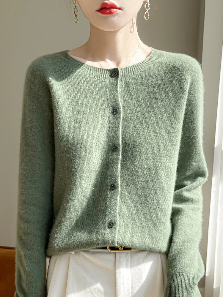 Women 100% Merino Wool Cardigan Soft O-Neck Cashmere Sweater OL Buttoned Knitwear Casual Top Clothing Korean Style thumbnail 5