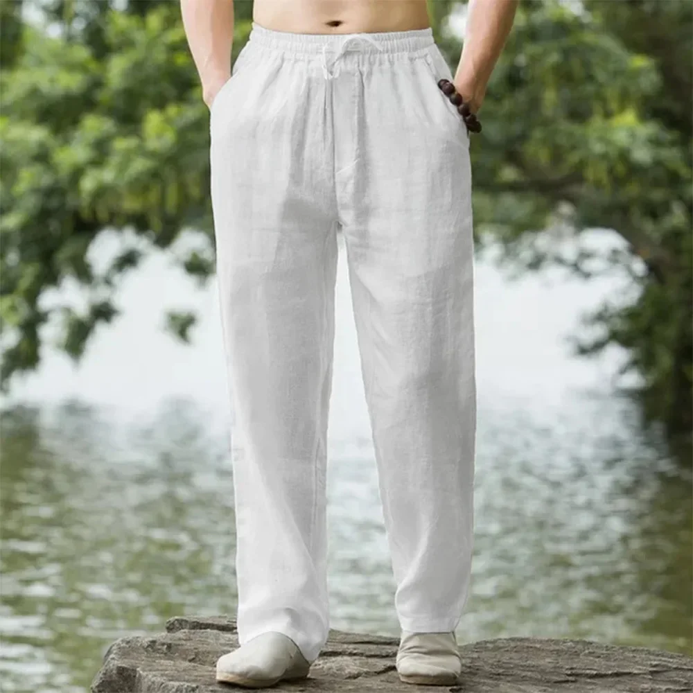 2025 summer men's cotton and linen oversized wide leg pants, men's artistic style elastic waist solid color casual loose pants thumbnail 4