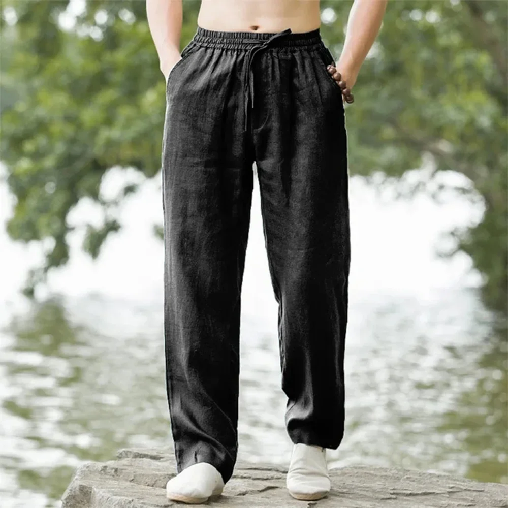 2025 summer men's cotton and linen oversized wide leg pants, men's artistic style elastic waist solid color casual loose pants thumbnail 5