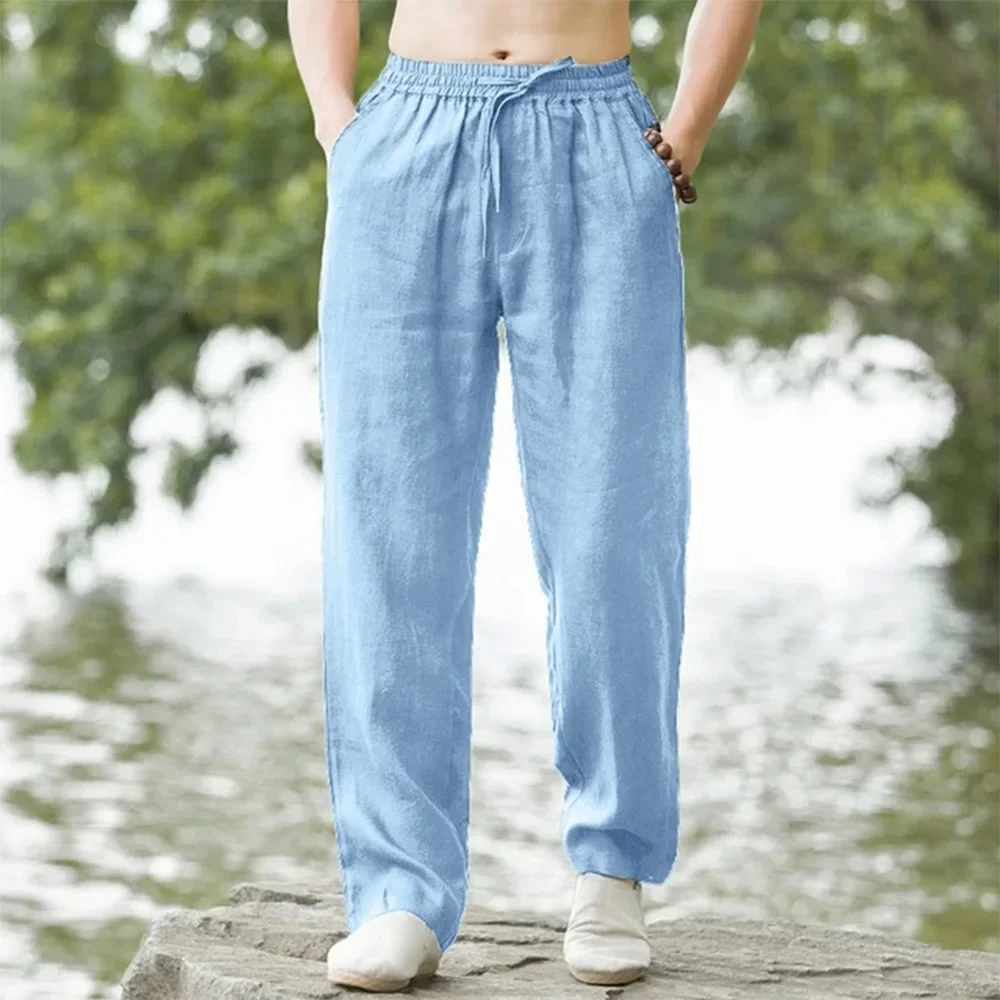 2025 summer men's cotton and linen oversized wide leg pants, men's artistic style elastic waist solid color casual loose pants thumbnail 2