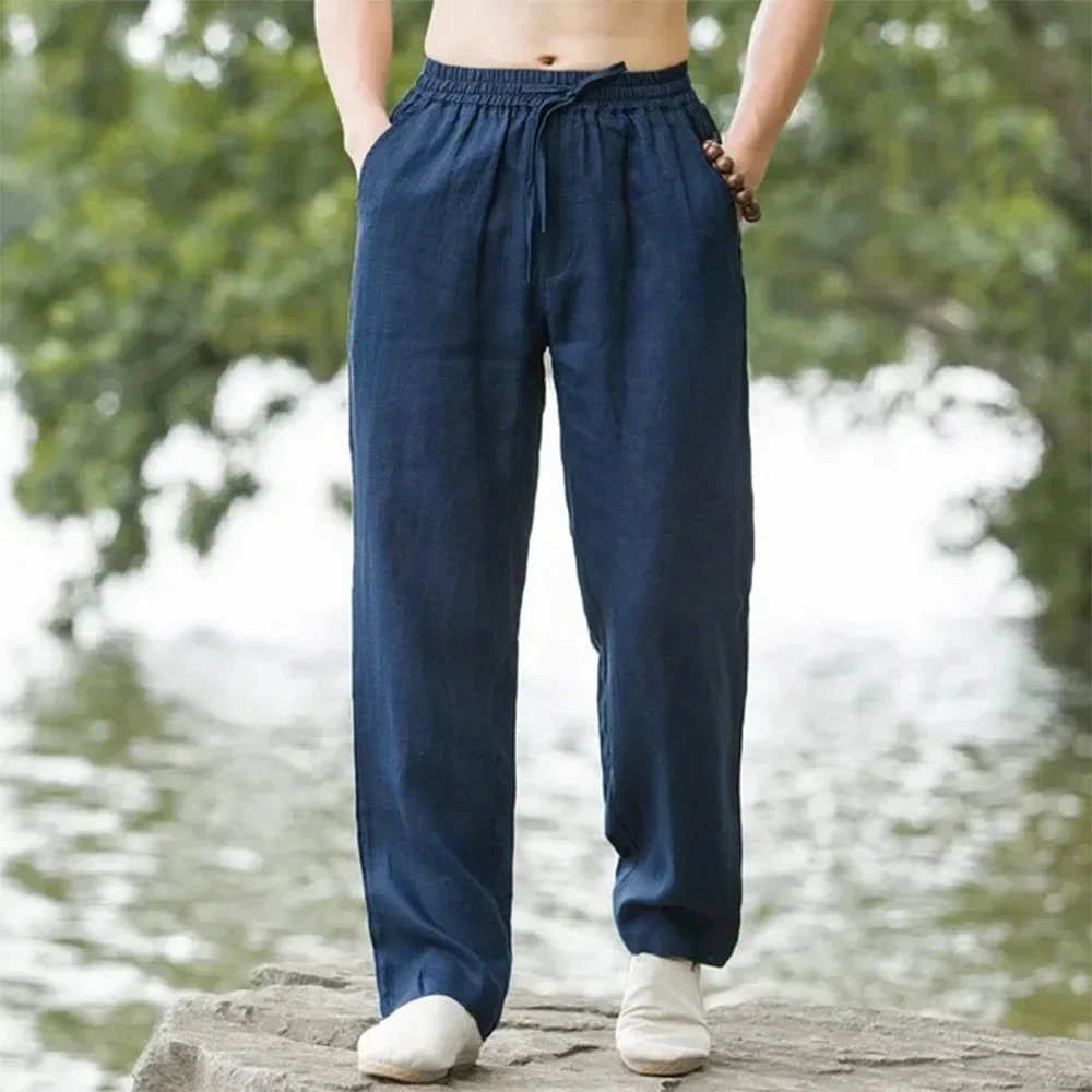 2025 summer men's cotton and linen oversized wide leg pants, men's artistic style elastic waist solid color casual loose pants thumbnail 6