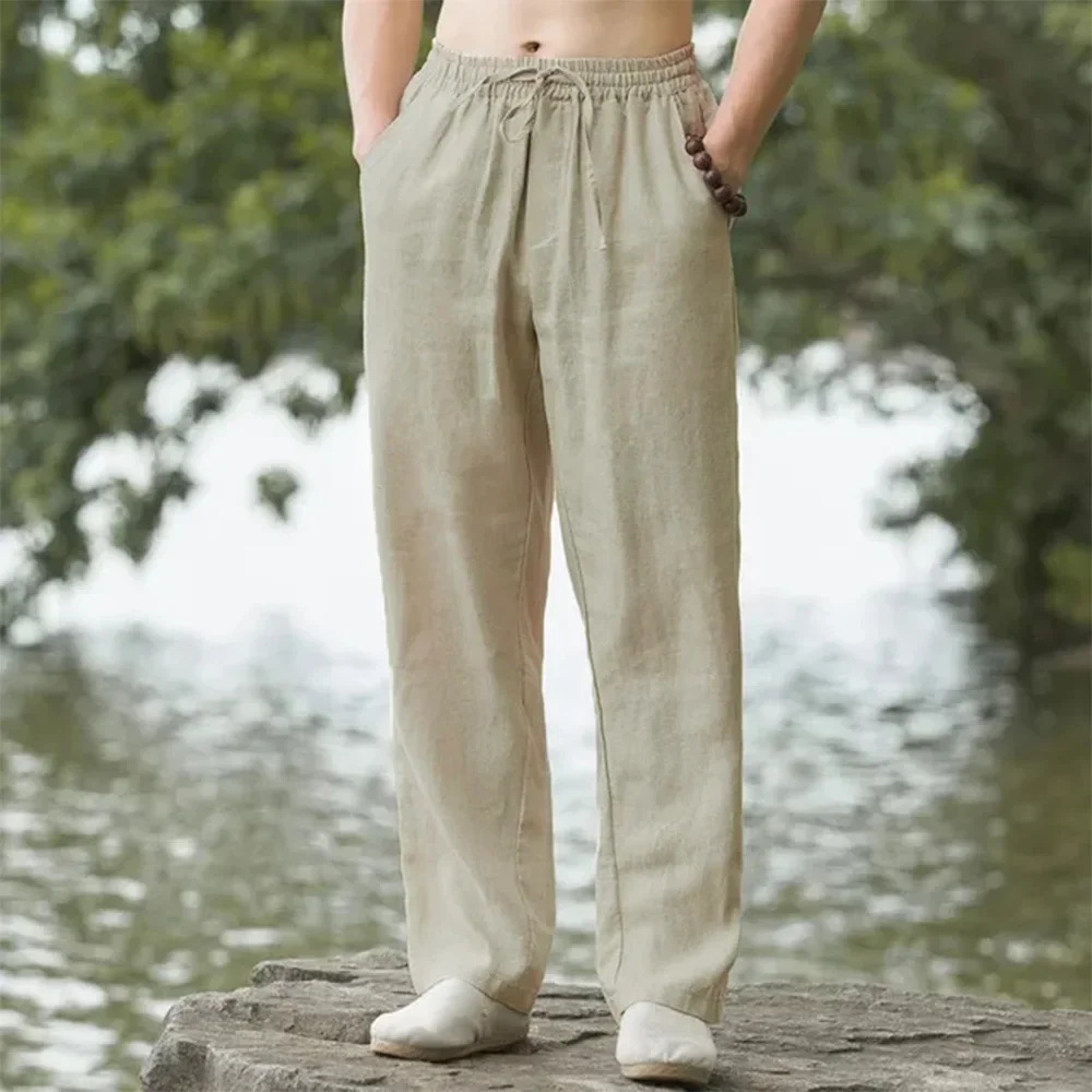 2025 summer men's cotton and linen oversized wide leg pants, men's artistic style elastic waist solid color casual loose pants