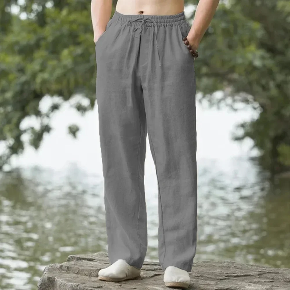 2025 summer men's cotton and linen oversized wide leg pants, men's artistic style elastic waist solid color casual loose pants thumbnail 3