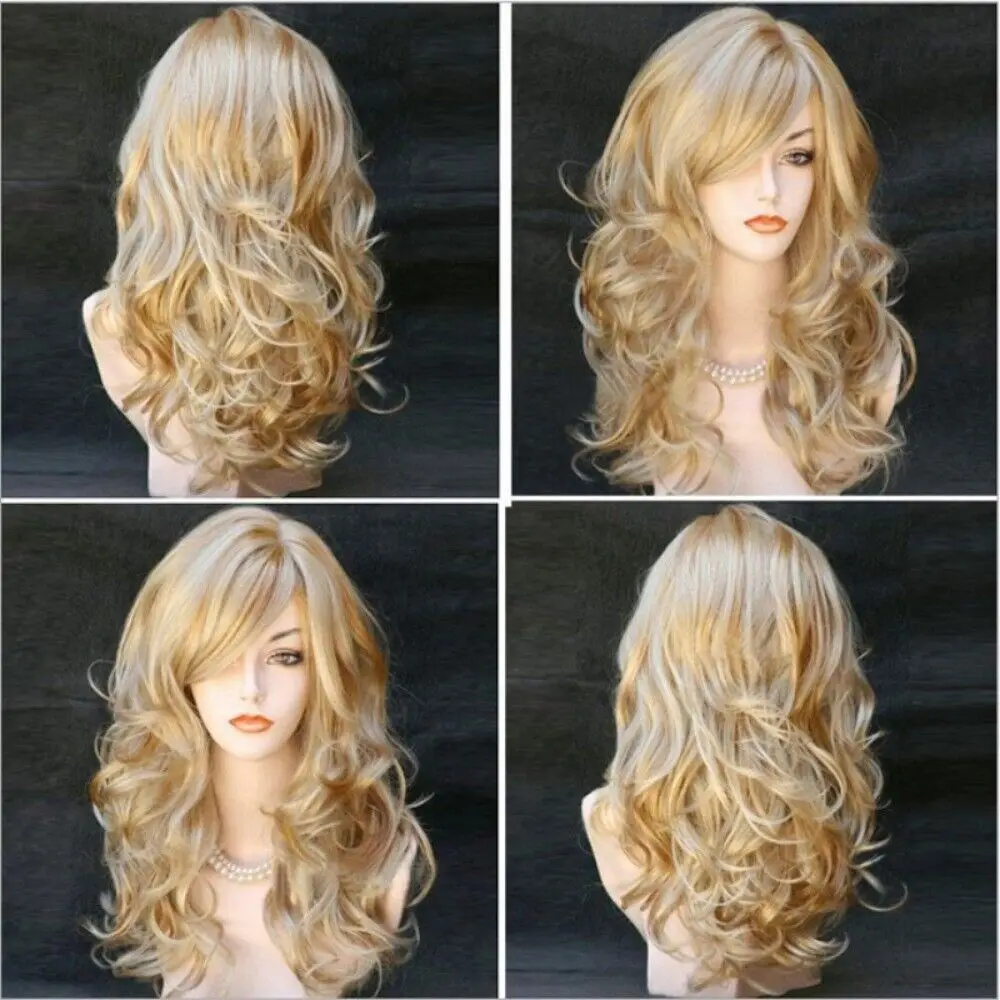Ladies Blonde Long Curly Wigs Women Natural Wavy Synthetic Hair Cosplay Full Wig Fashion Party Supplies thumbnail 6