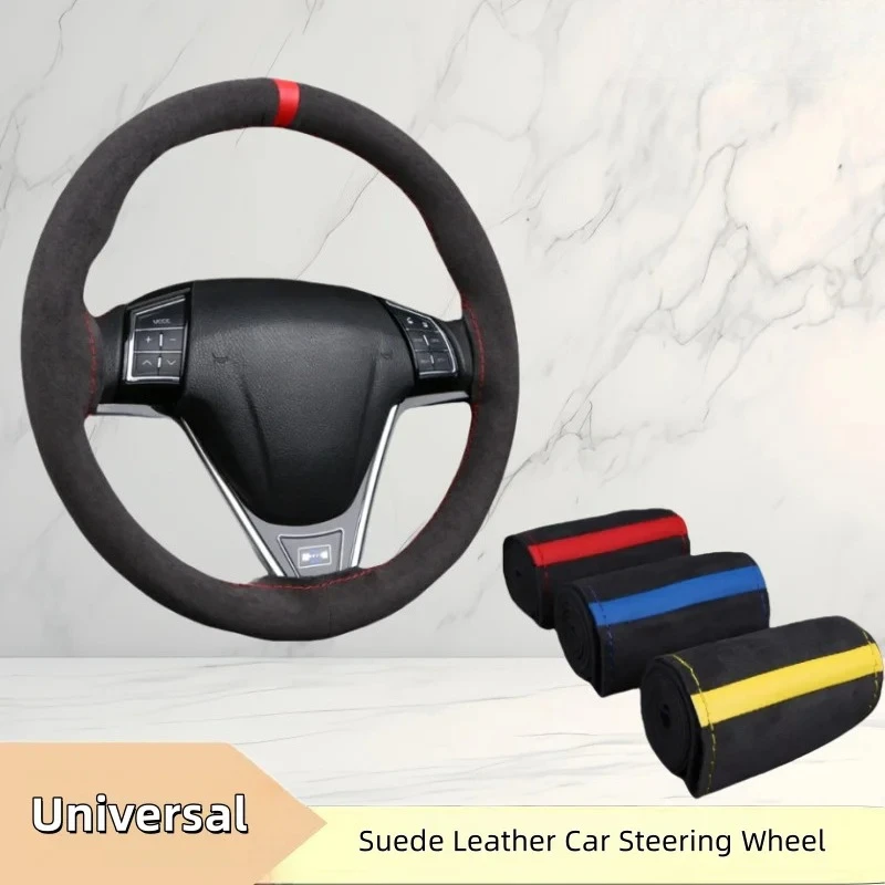 1PC Car Steering Wheel Cover Soft Wear-Resistant Comfortable Wear Resistant Universal Hand Sewing Black Suede Leather Braiding thumbnail 2