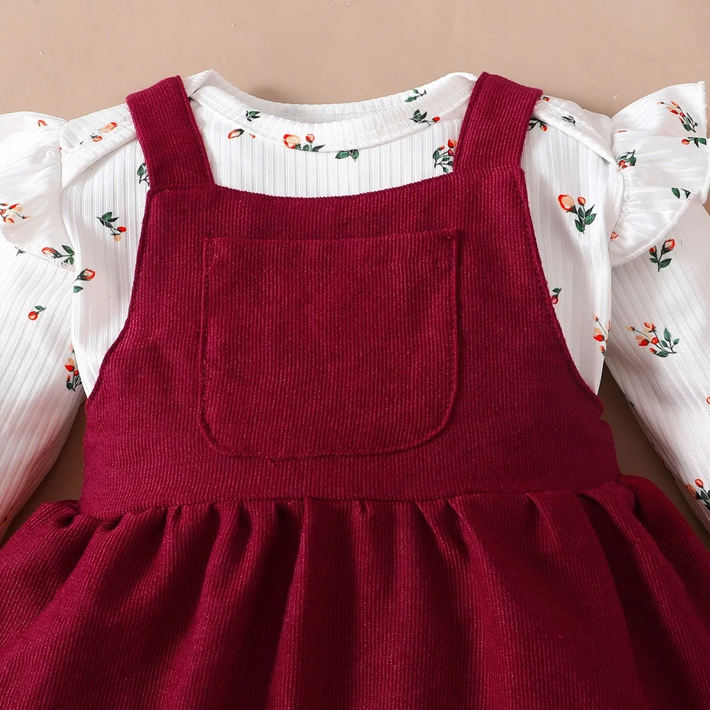 2PCS Newborn Baby Birthday Princess Dress Set Long Sleeves Romper+Red Strap Skirt for Infant Girl 0-18 Months New Year Outfits thumbnail 4