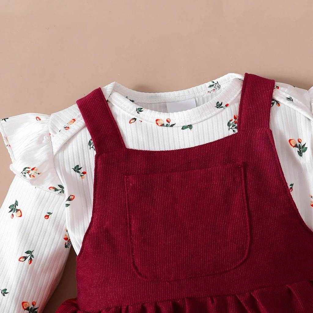 2PCS Newborn Baby Birthday Princess Dress Set Long Sleeves Romper+Red Strap Skirt for Infant Girl 0-18 Months New Year Outfits thumbnail 3