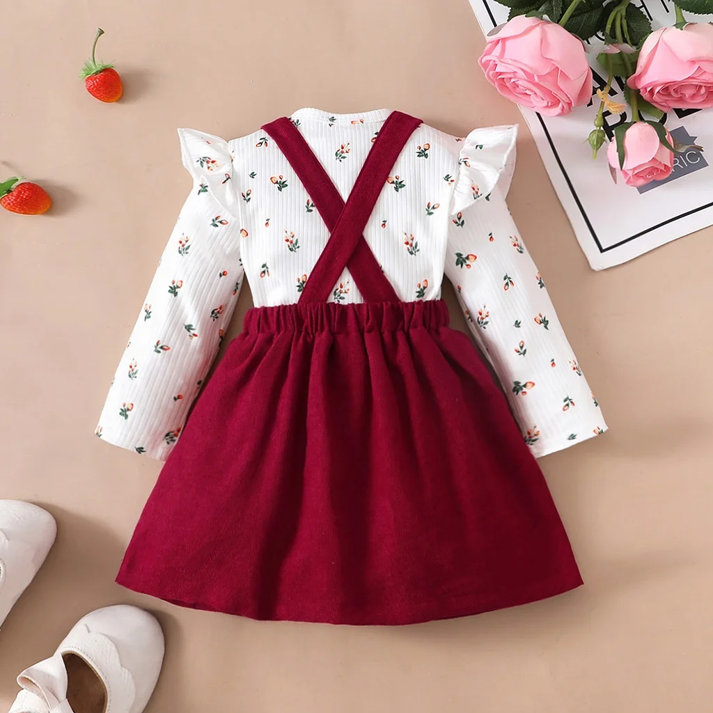 2PCS Newborn Baby Birthday Princess Dress Set Long Sleeves Romper+Red Strap Skirt for Infant Girl 0-18 Months New Year Outfits thumbnail 6