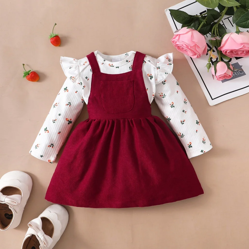 2PCS Newborn Baby Birthday Princess Dress Set Long Sleeves Romper+Red Strap Skirt for Infant Girl 0-18 Months New Year Outfits thumbnail 2