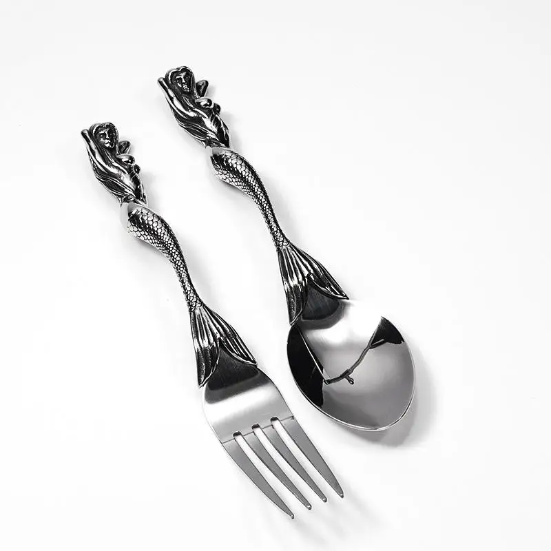 Halloween Titanium Steel Fork Spoon Skeleton Skull Mermaids Handle Tableware Vintage Dinner Table Flatware Set Christmas Gifts thumbnail 2