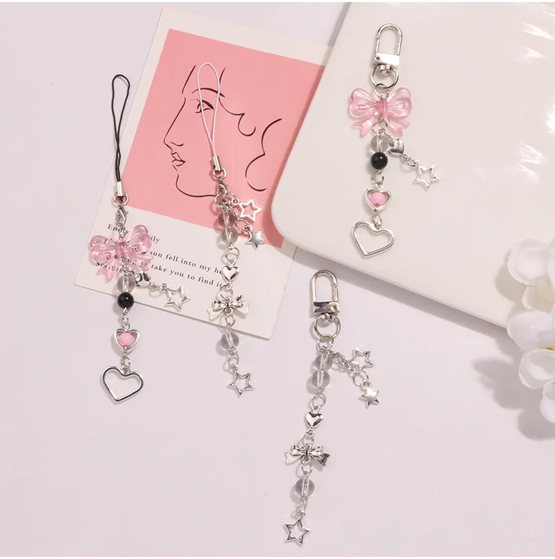 Goth Y2K Phone Charm Pink Silve Bow Heart Star Keychain Pendant Key Chain Bag Phone Chain Cute Accessory For Girls Women Jewelry thumbnail 2