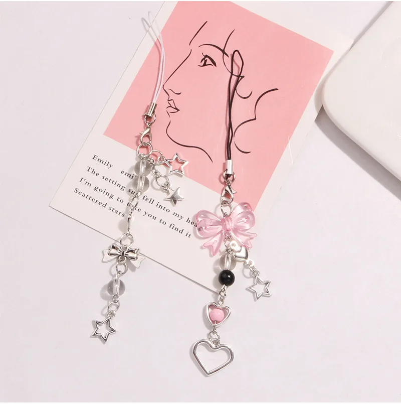 Goth Y2K Phone Charm Pink Silve Bow Heart Star Keychain Pendant Key Chain Bag Phone Chain Cute Accessory For Girls Women Jewelry thumbnail 3