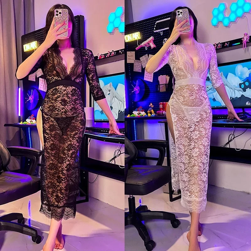 Hot Sexy Lingerie Women Pajama Sex Babydoll Lace Dress Transparent Sleepwear Hollow Out Robe Lingerie Sex Clothes Plus Size thumbnail 2