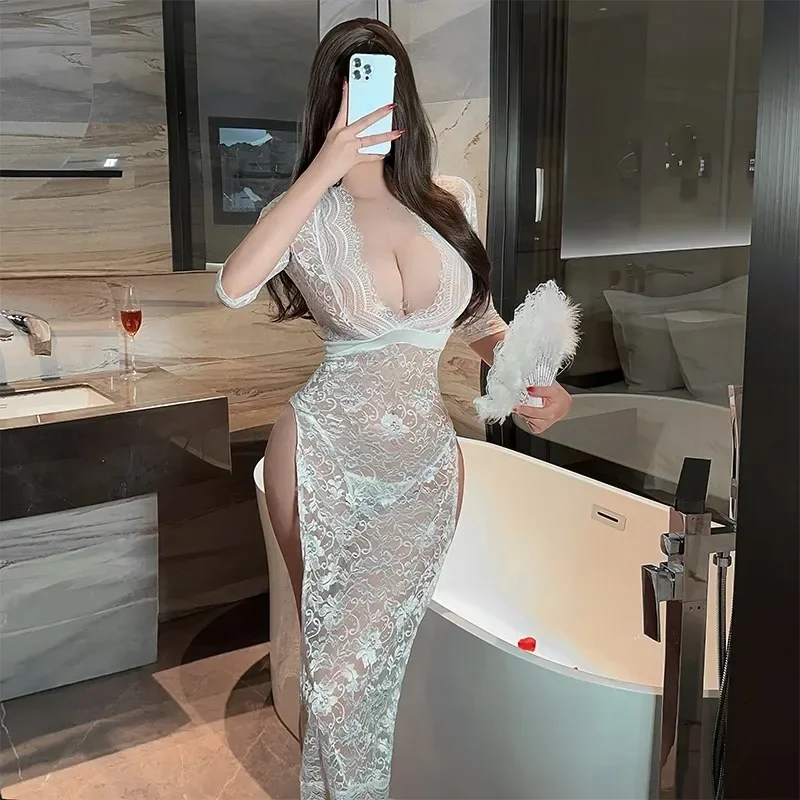 Hot Sexy Lingerie Women Pajama Sex Babydoll Lace Dress Transparent Sleepwear Hollow Out Robe Lingerie Sex Clothes Plus Size thumbnail 3
