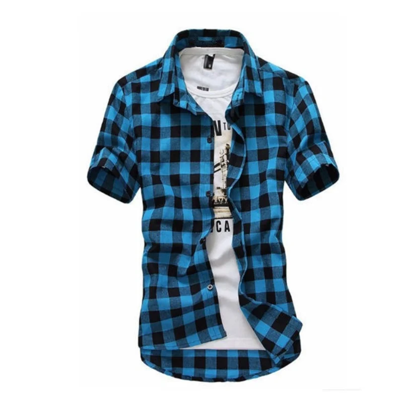 2025 New Summer Fashion Button Up Chemise Homme Checkered Shirts Men Short Sleeve Blouses Tops thumbnail 6