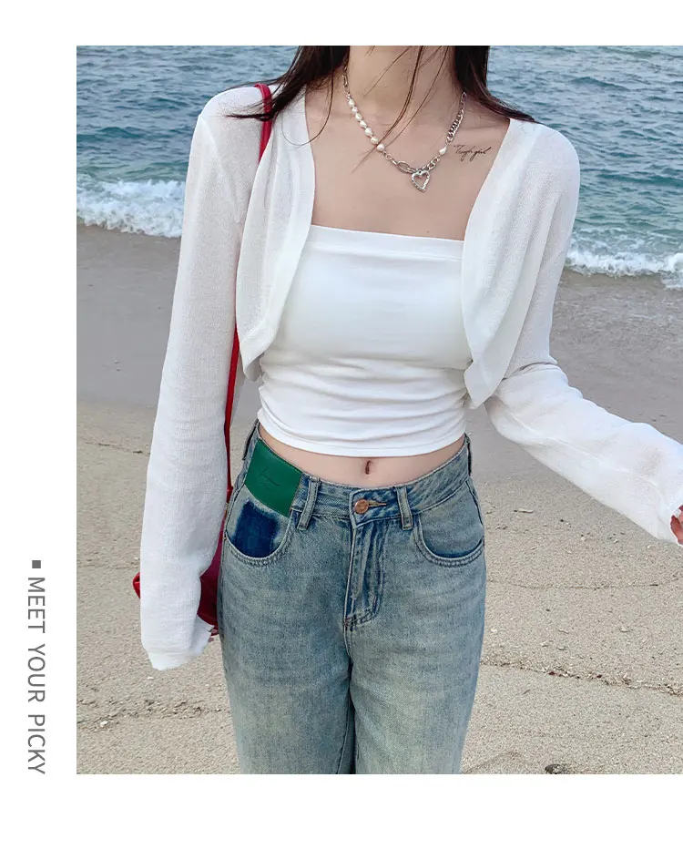 Short Ice Silk Knitted Sun Protection Cardigan Women's Thin Summer Suspender Skirt Layered Gauze Jacket Air-conditioned Cover Up thumbnail 5