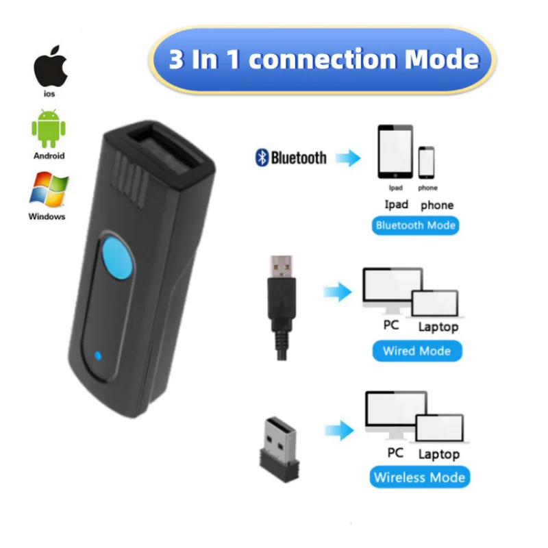 Mini Pocket Barcode Scanner Wireless Bluetooth Instant Upload or storage Mode Optional Support IOS Android Windows System thumbnail 3