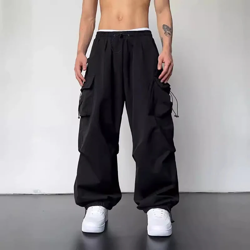 American Style Casual Pants Cargo Trousers High Street Drawstring Workwear Trendy Loose Versatile Straight Wide-Leg Casual Pants thumbnail 3