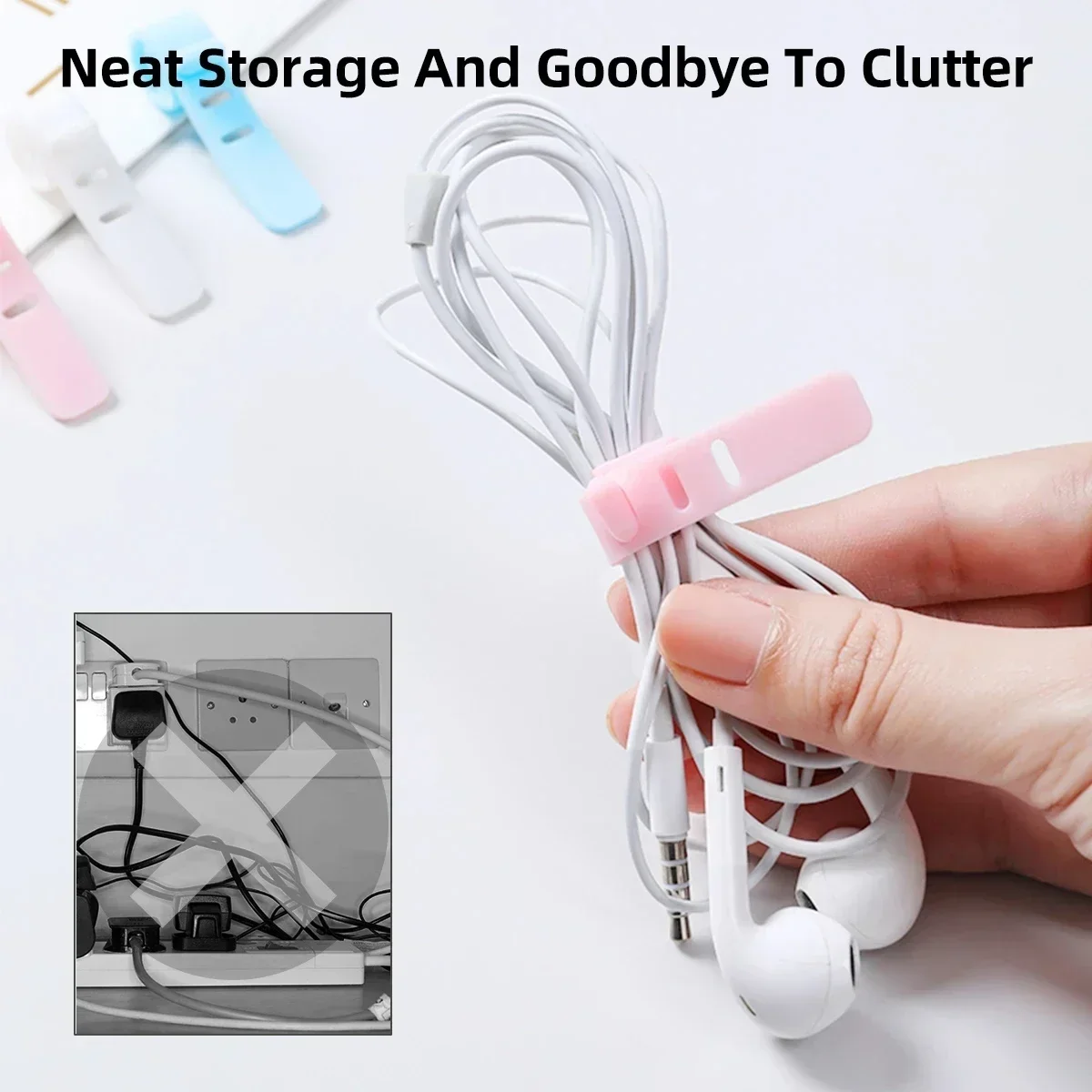 Portable Reusable Silicone Strap Cable Winder Tidy Organizer Desktop USB Data Cord Earphone Wire Line Wrap Tie Management Clips thumbnail 4