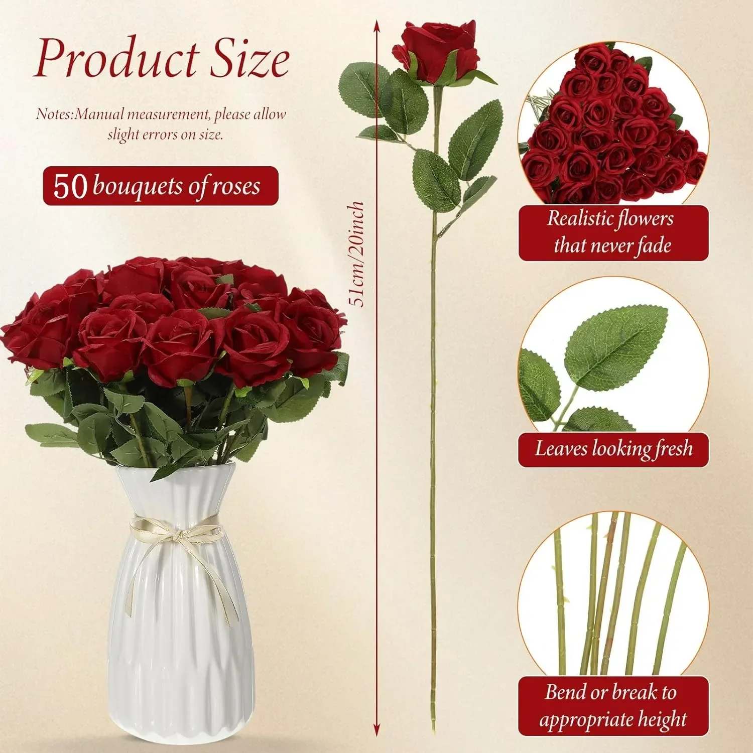 50 Pcs Velvet Rose Artificial Rose Flowers Real Touch Fake Roses Florals for Valentine's DIY Wedding Bouquet Party Home Decor thumbnail 2