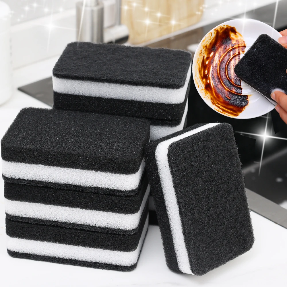 Thickened Double-sided Dishwashing Sponge Black Sandwiched White Stain Removal Scouring Cloth Cleaning of Pots Bowls Sinks Rag thumbnail 2