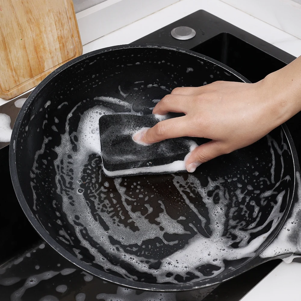 Thickened Double-sided Dishwashing Sponge Black Sandwiched White Stain Removal Scouring Cloth Cleaning of Pots Bowls Sinks Rag thumbnail 3