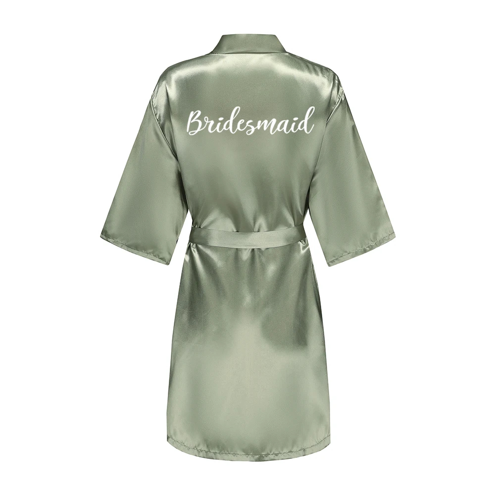 Grass Green Women's White Letter Bride Bridesmaid Short Satin Robes for Wedding Party Getting Ready thumbnail 4