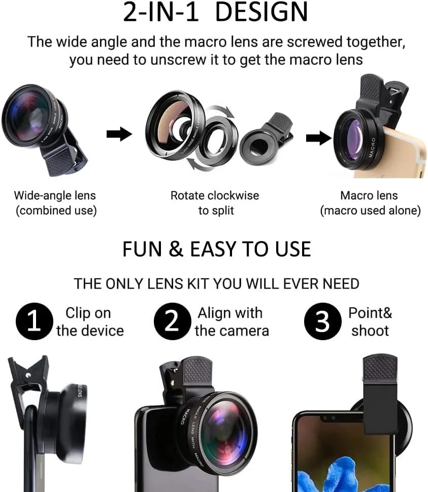 2 IN 1 Lens Universal Clip 37mm Mobile Phone Lens Professional 0.45X 49uv Super Wide-Angle + Macro HD Lens For iPhone Android thumbnail 3