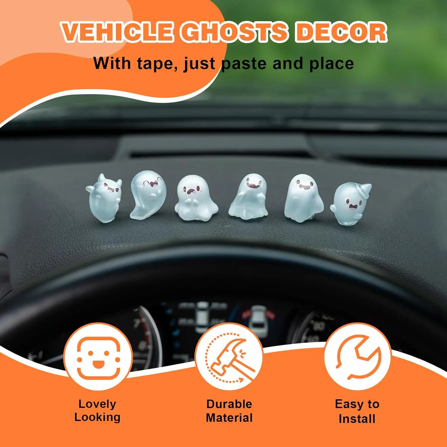 6PCS Luminous Ghost Fun Ghost Car Dash Decorations Car Rear View Mirror Ornament Interior Accessories for Home Office thumbnail 5