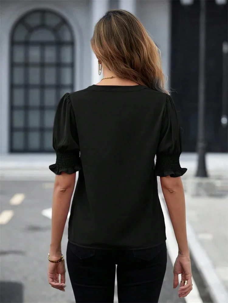 Women Summer Style Blouses Shirts Lady Casual Short Puff Sleeve V-Neck Solid Color Blouse Tops thumbnail 6