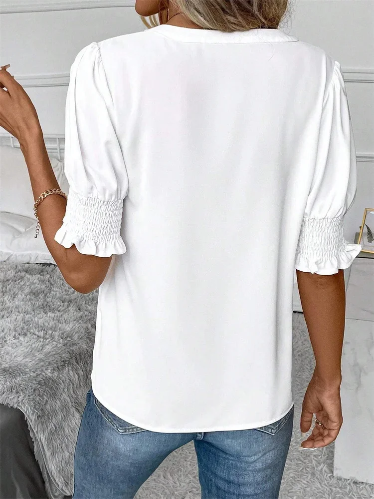 Women Summer Style Blouses Shirts Lady Casual Short Puff Sleeve V-Neck Solid Color Blouse Tops thumbnail 2