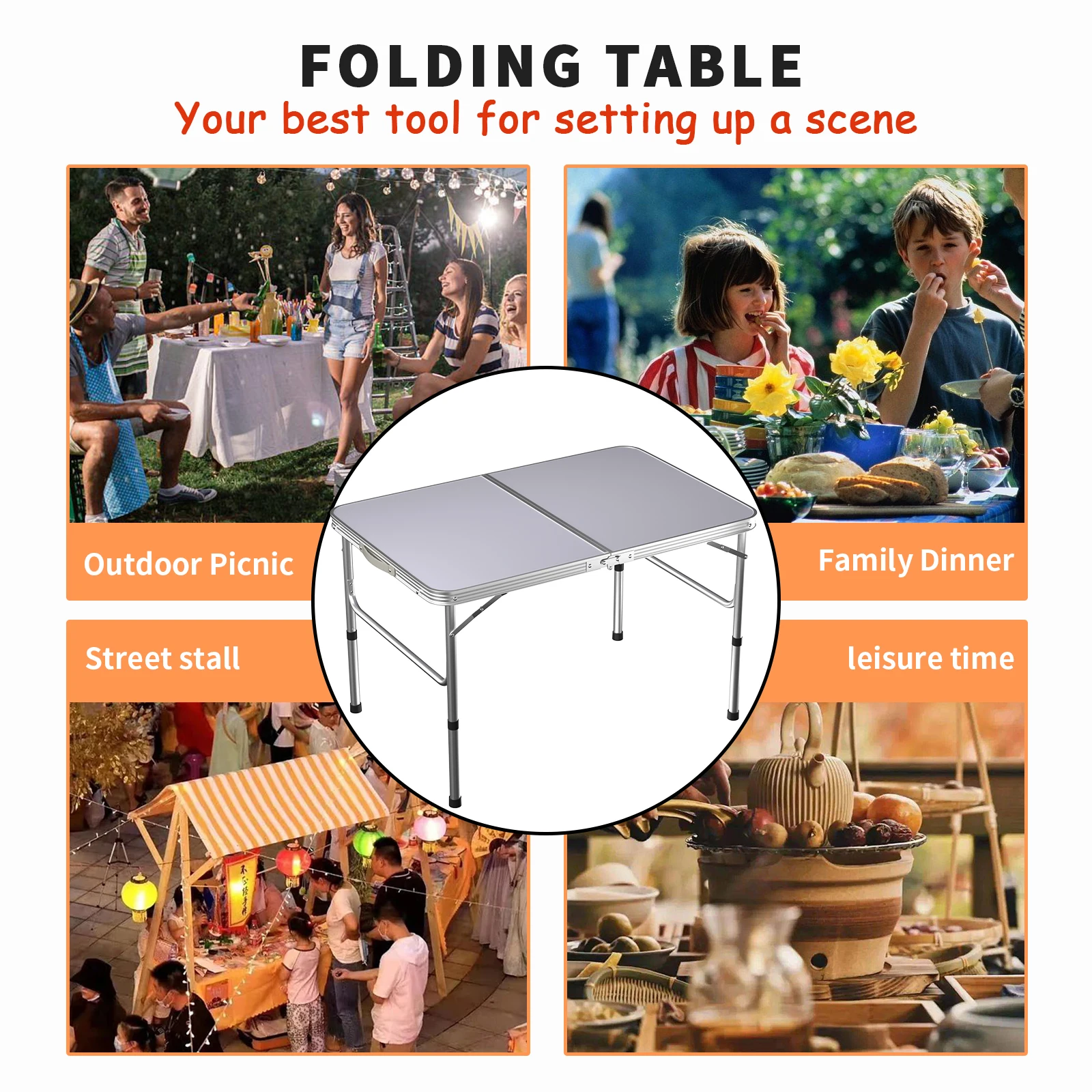 3FT/90CM Picnic Folding Tables, Aluminium Foldable Portable Adjustable Height Lightweight for Camping BBQ, 90x60x37/67cm thumbnail 3
